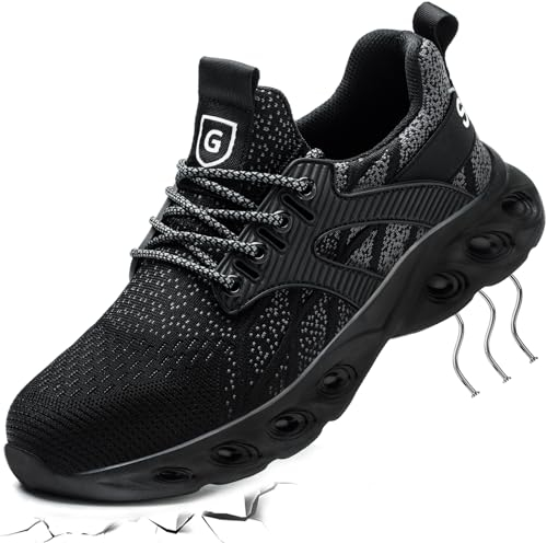 Zapatos de Seguridad Mujer Hombre Punta Metálica Zapatillas de Seguridad Hombre Anti Choque con Punta de Acero Ligeros Transpirable Zapatos Deportivos Negro Gris 38 EU