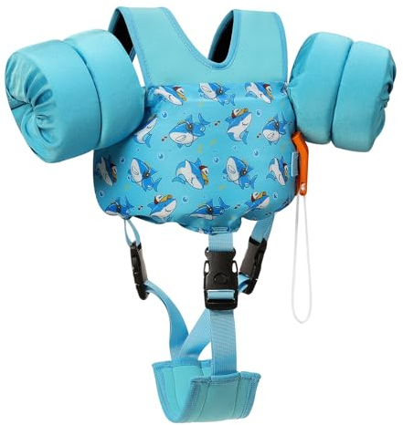 MoKo Kinder Schwimmflügel, Cartoon Schwimmweste mit Schultergurt Jacke Schwimmende Badeanzug Schwimm Zubehör mit Doppel Sicherheitsschnalle für 13-30 lbs Jungen Mädchen, S, Blaue Haie Druck