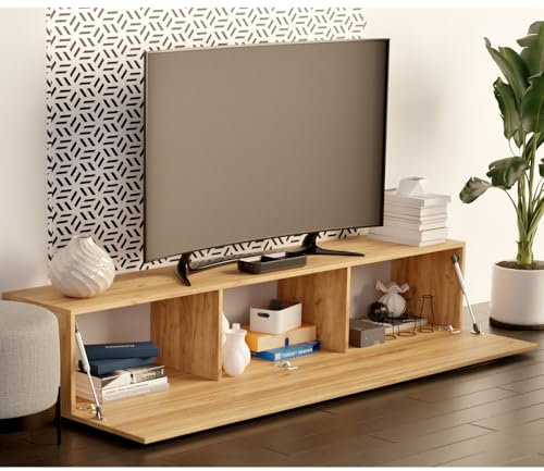 MILIONMEBLICOM Meuble TV De Télé Chêne Doré Moderne pour Salon Aspect Bois Largeur 100 CM Design Table de Television Suspendu avec à Fermeture Amortie