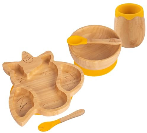 5pc Jaune Licorne Ensemble Sevrage pour Bébé en Bambou - Enfants Nourriture Alimentation Dîner Plaque Bol Cuillère Coutellerie - Silicone Ventouse - Par Tiny Dining