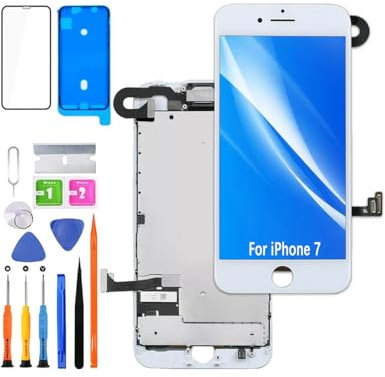 HLYGZX Display for iPhone 7 LCD Screen Replacement FHD Touchscreen Digitizer Frame Assembly with Earphones, Front Camera, Proximity Sensor, Waterproof Adhesive, Repair Kits (White)