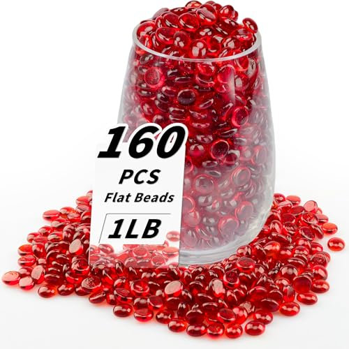 1 LB Red Flat Glass Beads, 160-180PCS Small Glass Marbles, Mini Flat Round Pebbles for Vase Filler and Floral, Fish Tank Rocks Decorative Gemstones for Home and Aquarium Décor
