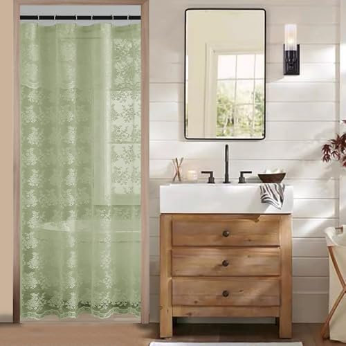 TUDECO Rideau de douche vertical pour salle de bain, style shabby chic, transparent, motif floral vert avec cantonnière attachée, bords festonnés, trous renforcés, 91,4 x 183 cm, vert sauge