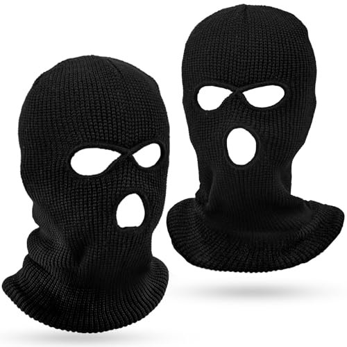 2 Stück Schwarz Sturmhaube, 3-Loch Atmungsaktiv Sturmhauben für Herren und Frauen, Winter Draußen Winddicht Gestrickte Balaclava für Motorrad und Ski
