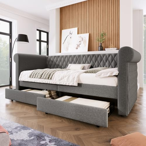 ANIROY Polsterbett 90x200cm, Schlafsofa Daybett Tagesbett Sofabett mit 2 Stauraum Schublade, Stauraumbett, Linen Kinderbett Jugendbett Bettgestell mit Lattenrost aus Holz, Ohne Matratze (Grau)