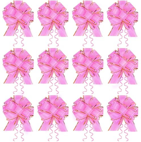 Grandi Fiocchi Regalo,12 pezzi Fiocchi per Confezioni Regalo, Grande Fiocco di Tiraggio Regalo Imballaggio Fiocco Nastro Organza Rosa, per Mazzi di Regali, Matrimoni Cesti Regali Natale Fest