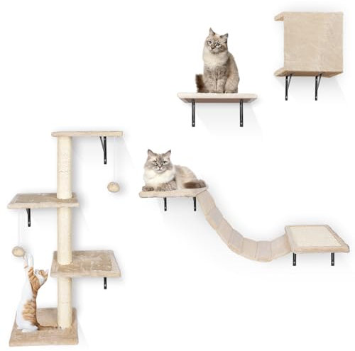 kletterwand Katzen - HEVOL 4-in-1 Katzen Kletterwand Set mit Kratzbaum, Katzenbrücke, Katzenhaus und Plattform, Innen-Katzenmöbel mit Hängeball für mehr Spielspaß, Wandmontage, Beige