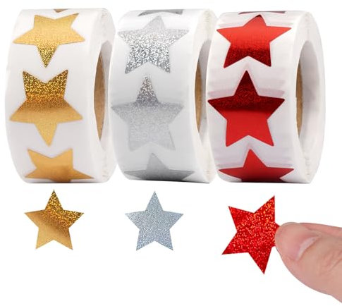 3 Rolle/1500 Stück Aufkleber Sterne Glitzer,3 Farben (Gold,Silber,Rot) Selbstklebend Stern Belohnung Aufkleber für Kinder,Holografisch Flänzende Sternaufkleber,für Diy-Grußkarten,Handbücher,Dekoration