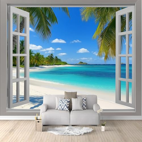 Générique Papier Peint Effet 3D Plage Tropicale Fenêtre Sable Palmiers Bleu Photo Peintures Murales Salon Tv Canapé Thème Hôtel De Luxe Couloir Fond Mur Peinture Décor À La Maison 400 x 280 cm