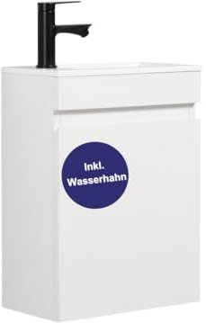 Kometmöbel Gäste-WC Waschtisch Set 40 cm Badmöbel Vormontiert Klein Waschbecken mit Unterschrank (Hochglanz Weiß (mit Wasserhahn Schwarz))