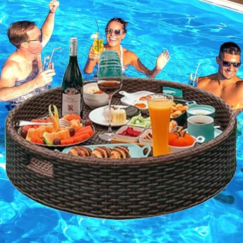 ITETONE Plateau Flottant pour Piscine, Plateau de Service en rotin tressé, Plateau de Service avec poignées, Plateau de Service Flottant pour Petit-déjeuner sur l'eau - 60 cm/80 cm, 60 cm