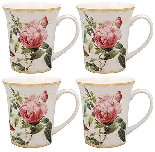 The Leonardo Collection Redoute Rose Tassen Set von 4 Pierre-Joseph Redoute, Tee- und Kaffeebecher für Heißgetränke | Fine China bedruckte Tassen für Küche & Zuhause | Wiederverwendbare Keramikbecher