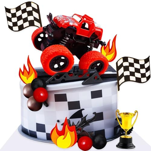LaVenty Rote Monstertruck Tortenaufleger Monster Truck Cupcake Toppers für | Rote Monstertruck Tortenaufleger Monster Truck Cupcake Toppers für Monster Truck Party Dekorationen Monster Truck Geburtstag