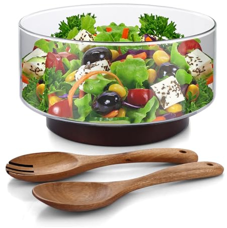 LDHHYH Ensaladera de vidrio de 3700 ml, cuenco grande con base de madera de acacia y utensilios de servir, cuenco versátil para ensaladas, frutas, pasta