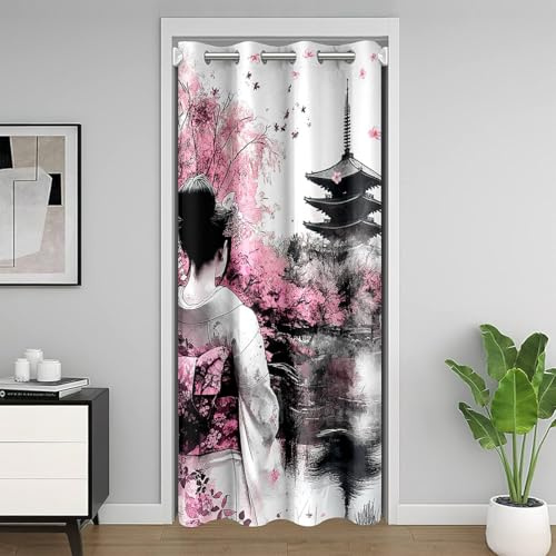 Homemissing Japanische Geisha Türvorhang 86x203cm Kirschblüten Zimmer Divider für Kinder Jungen Mädchen See Vorhang für Innentür Raumteiler Rosa Japanischer Stil Vorhang