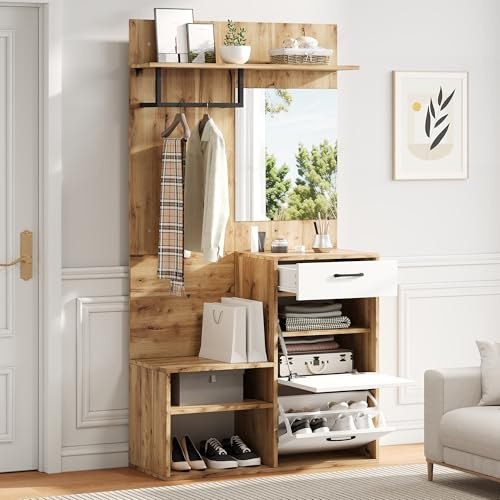 100*38.5*190cm Garderoben-Set mit Spiegel, Schuhbank, Schuhschrank, Flurschrank, Hängeschrankregal, Kompaktgarderobe, Mit 1 Schublade und 2 Schränken, viel Stauraum, Weiß + Original Holzfarbe