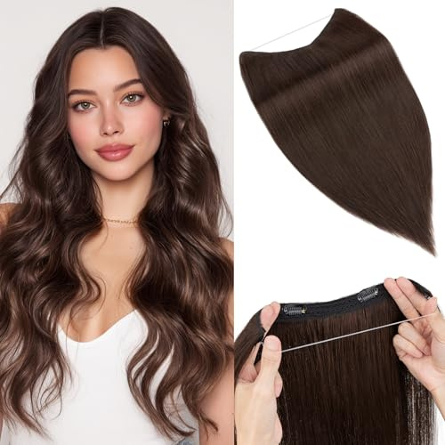 Benehair Wire Extensions Echthaar, 65g Einteilige Unsichtbare Haarverlängerungen, Verstellbares Secret Extensions Echt Haar, 16 Zoll Extension Echthaar, Dunkelbraun #2