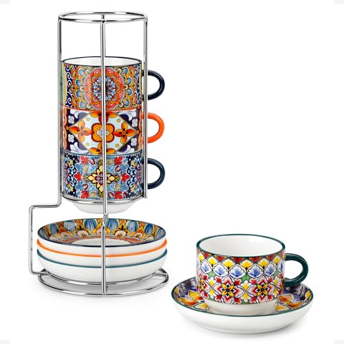 vancasso 8 Oz Stackable Espresso Cups with Saucers and Metal Stand Set of 4,Bohemian Ceramic Cappuccino Cups - Microwave and Dishwasher Safe, Perfect For Tea, Espresso, Latte, Cafe-03