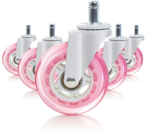 BAOLIHUI Rosa Bürostuhl Rollen 5er Set – 75 mm Gummirollen für Bürostühle, Sehr Leise, Rollt Sanft auf Parkett, Teppich, Fliesen – Universelle Passform 11x22 mm