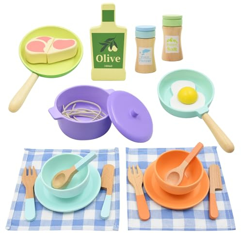AolKee 21 pièces Service à thé en Bois pour Tout-Petits Jouets d'accessoires de Cuisine, poêles, Vaisselle et Aliments factices, Jouets d'imitation Montessori pour garçons et Filles de 3 à 6 Ans