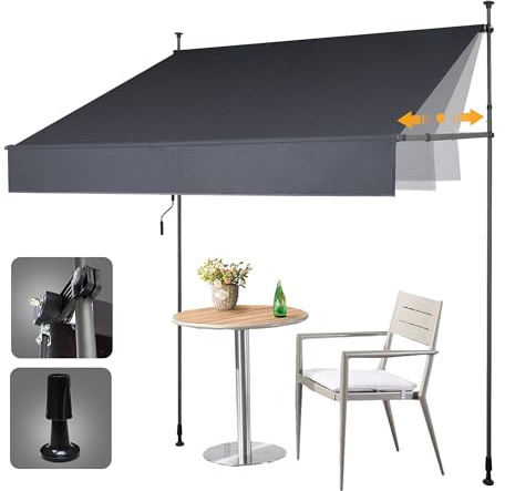 HOMEDEMO Klemmmarkise mit Einstellbare Handkurbel, Balkonmarkise ohne Bohren, Markise Sonnenschutz, UV-beständig & höhenverstellbar für Outdoor, Terrasse, Balkon, Garten, Dunkelgrau, 300 x 125-150 cm