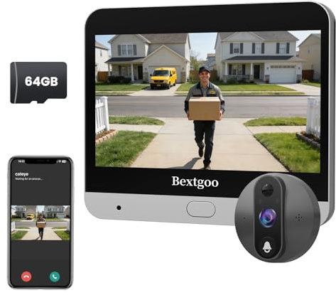 Bextgoo Mirilla Digital Puerta, 2K Videoportero con Pantalla Interior 4,3 | con Tarjeta 64GB, Batería 8000mAh, Gran Angular 170°, Detección IA, Audio Bidireccional, Visión Nocturna, para Pisos y Casas