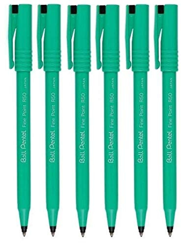 Pentel R50 Tintenroller mit feiner Spitze, 0,8 mm Spitze, 0,4 mm Strichbreite, 77 % recycelt, schwarze Tinte, 6 Stück, in Geschenkbox