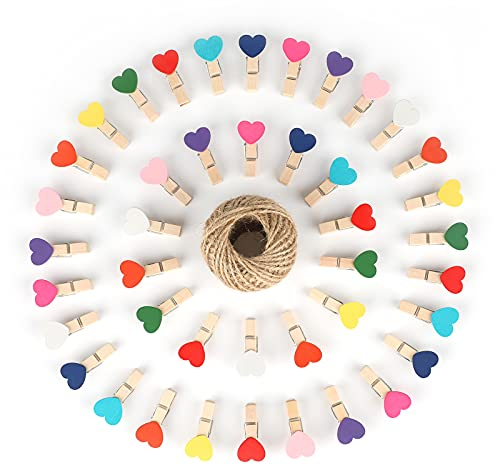 jijAcraft 100 Pezzi Mini Mollette di Legno Colorate Mollettine Decorative per Foto Matrimonio Artigianato con 30M Spago di Iuta