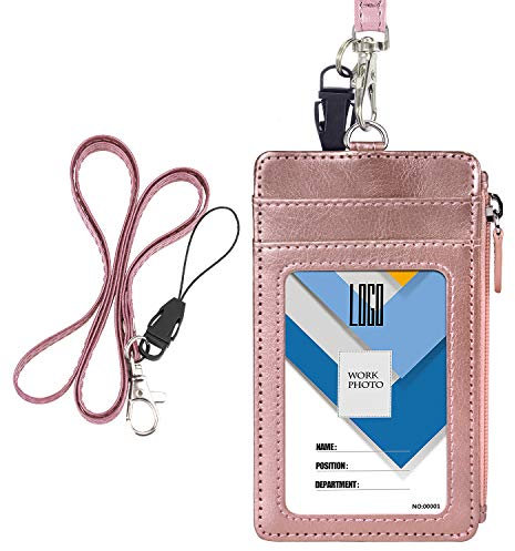 Wisdompro Porta Badge Pelle, Porta Badge da Collo con Cerniera con 50 cm Portachiavi Collo, 1 Finestra Trasparente, 4 Slot per Schede, Gancio Girevole Portachiavi, Oro Rosa (Verticale)