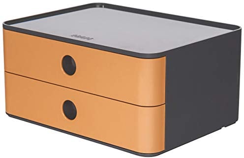 HAN Schubladenbox Allison SMART-BOX mit 2 Schubladen und Trennwand, Kabelführung, stapelbar, Utensilienbox für Büro, Schreibtisch Küche, möbelschonende Gummifüße, 1120-83, hochglänzend, caramel brown