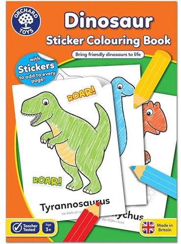 Orchard Toys Dinosaur Sticker Colouring Activity Book - Educational Activity Book - Colour in Dinosaurs - Kids 3 Years +, Perfect for Parties.
