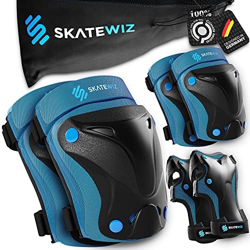 SKATEWIZ Knieschoner Kinder - Schoner Inliner Kinder - Knieschützer - Schützer Inliner Schoner Set - Protektoren Knie und Ellenbogenschützer - PROTECT-1 Blue Größe S