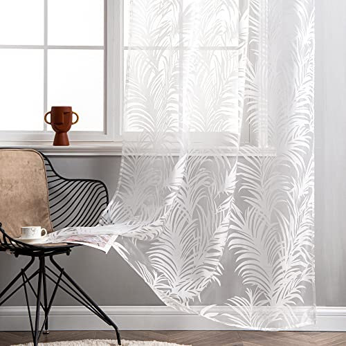 Delien Voile Ausbrenner Gardine mit Blätter Muster transparenter Vorhang mit Ösen Wohnzimmer Gardinenschals BxH 140x145cm Weiß 1 St.