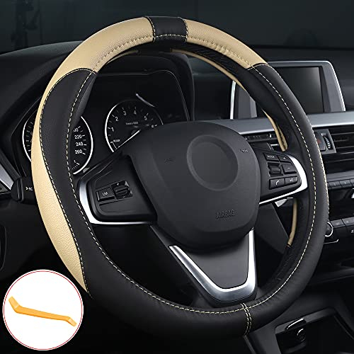 Auto Lenkrad Abdeckung Lenkradschutz Lenkradhülle PU Leder Universal 37-38cm / 15 Rutschfest Atmungsaktiv Langlebig (Beige)