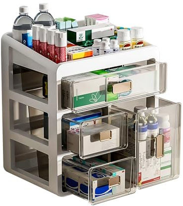 Scatola Porta Oggetti 4 Livelli, Box Medicina Organizzatore per Casa Ufficio e Viaggi, Cassetto Multiuso Trasparente per Farmaci, Trucchi, Attrezzi, Utensili, Materiale da Disegno