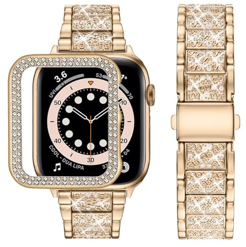 wutwuk Kompatibel mit Apple Watch Armband 44mm Damen, Strass Metall Armbänder mit Glitzer Harter PC Gehäuse Bling Diamant Ersatzarmband für iWatch Series SE2 SE 6 5 4 44mm, Roségold