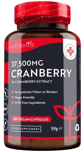 Capsule di mirtillo rosso ad alta resistenza 37.500 mg - 180 capsule vegane - Fornitura di 2 mesi - Integratore di estratto di mirtillo rosso puro 50:1 - Prodotto nel Regno Unito da Nutravita