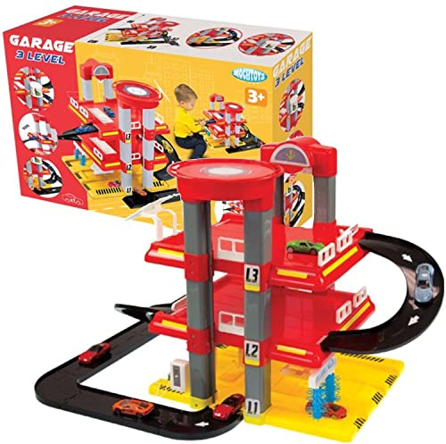 Mochtoys Garage Rutschbahn Parkhaus für Kinder 3 Ebenen mit Fahrbahn