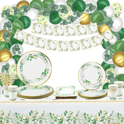 Sage Greenery Party Supplies - Jungle Safari Boho Party Supplies Including Eucalyptus Garland, Plates, Cups, Napkins, Tablecloth, Banners, Balloons - Serve 20