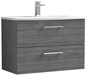 nuie ARN526G Arno Modern Bathroom Wall Hung 2 Drawer Vanity Unit with Curved Ceramic Basin, 800mm, Woodgrain Anthracite