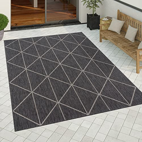 Paco Home Outdoor Teppich wetterfest modernes Boho Skandi Rauten-Muster Robustes Flachgewebe in Sisaloptik pflegeleicht ideal für Balkon, Terrasse & Küche, Grösse:60x100 cm, Farbe:Anthrazit 2
