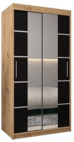 ABIKSMEBLE Verona 4 100 Armario 2 Puertas Correderas para Dormitorio - Armario Moderno con Espejo, Barra y Estantes - 100x200x62 cm (Ancho x Alto x Fondo) - Artisan + Negro Mate