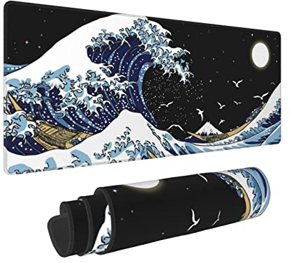 Kanagawa Surfen und schwarzes Mauspad, großes Gaming-Mauspad, japanische Wellen-Schreibtischmatte, Laptop-Mauspad, wasserdicht für Computer-Schreibtischmatte, 30x80 cm
