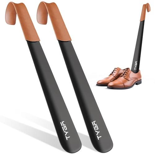 TYGA STORE Metal Shoe Horn, 42 cm Long-Handled Shoehorn | For Men, Women & Kids, Helps Slip Shoes On, For Everyday Footwear, Leather Hanging Strap, Secure Grip