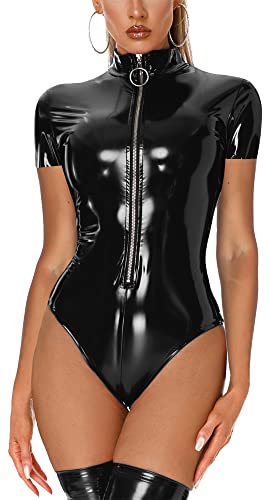 Dessous Damen Sexy Reizwäsche Wetlook Body Leder Clubwear Strampler Party Latex Catwoman Langarm Catsuit Jumpsuit mit Reißverschluss Schwarz