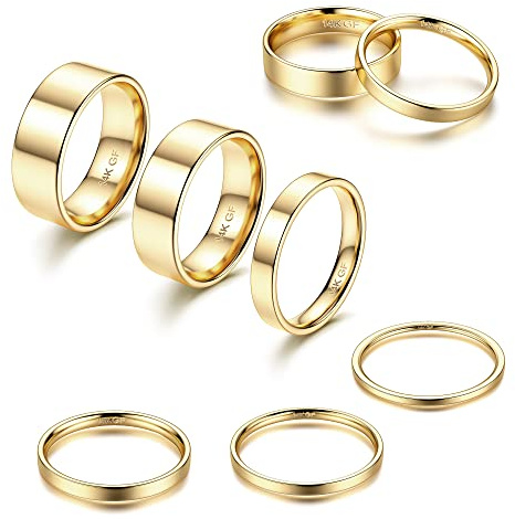 ADRAMATA 1-8mm 14K Gold Filled Rings Stacking Rings for Women Stackable Rings Thin Band Rings Plain Pinky Thumb Finger Rings Trendy Mid Statement Rings Comfort Knuckle Rings Set