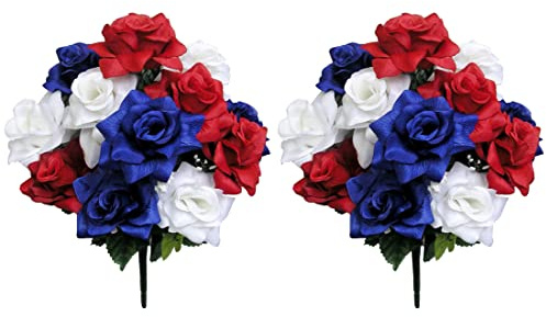 Admired By Nature GPB293-RD/WT/BL-2 Artificial 12 Stems, Patriotic, Memorial Day, Veined Satin Rose Bush, 2 Pc Set