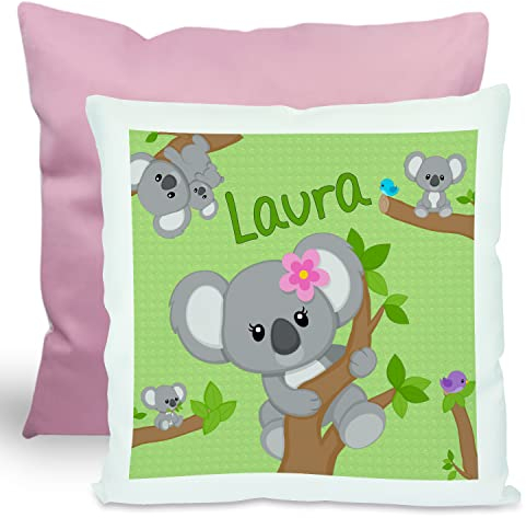 CreaDesign, Kinder Kissen 40x40 cm personalisiert mit Namen, Kinderzimmer Deko Kissen Kinder mit Füllung Federn, Motiv Koala Bär Mädchen, Rückenfarbe Rosa