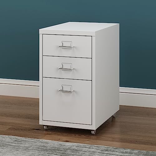[en.casa] Rollcontainer Kökar Schubladenschrank Metall Aktenschrank mit 3 Schubladen Bürowagen mit Rollen für Arbeitszimmer 48 x 28 x 41 cm Weiß matt