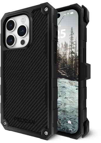 Pelican Shield Carbon Series Hülle für iPhone 15 Pro Max 6.7 [Kompatibel mit Mag Safe] [21FT Military Grade Drop Protection] Magnetisch aufladbare Handyhülle mit Gürtelclip Holster Kickstand -Schwarz